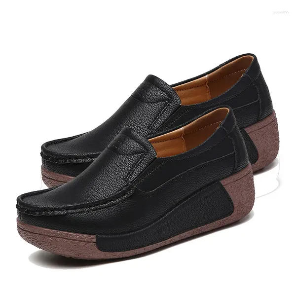 Sapatos de vestido EAGSITY Vaca Couro Estilo Britânico Slip On Loafer Mule Wedges Mulheres Casual Conforto Saúde