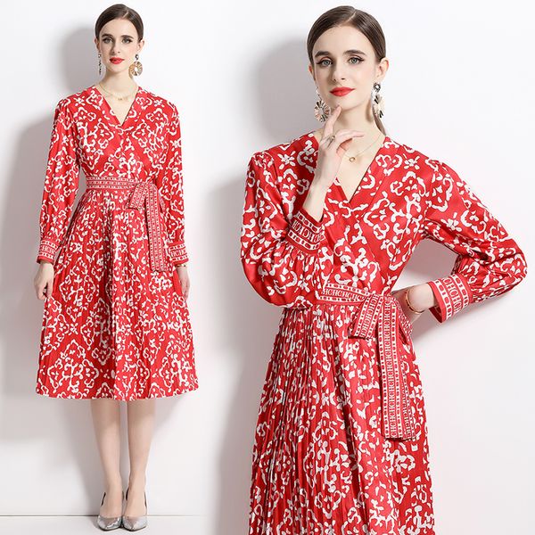 Kadınlar Kereste Yan Yay Kırmızı Sargı Elbisesi Tasarımcısı Zarif Uygun V-Gutt Tatil Midi Elbiseler 2023 Moda Pist İnce Gevşek Büyük Salıncak Partisi Frocks Sonbahar Kış Çöp