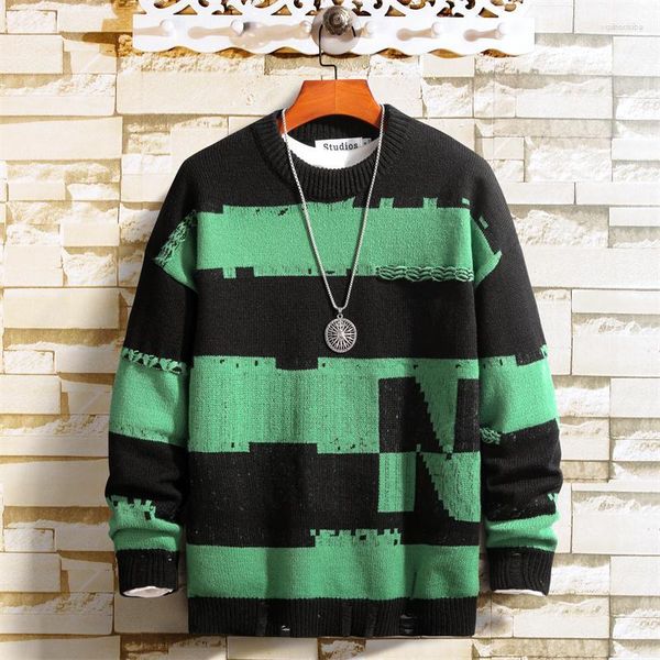 Camisolas masculinas outono homens moda malhas top contraste cor listra buraco casual jumper malha pull vintage jersey natal