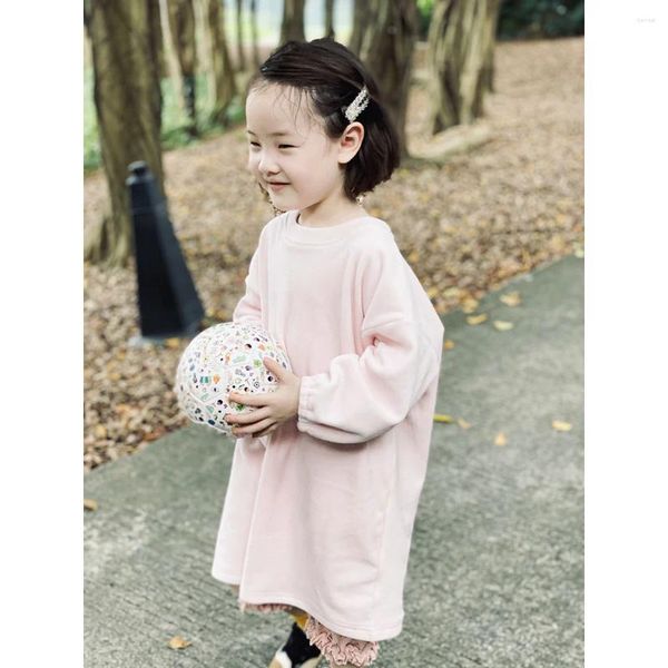 Платья для девочек Imakokoni, розовое длинное меховое платье, плотное однотонное, оригинальный дизайн, красивая осень 20489, детская одежда для девочек