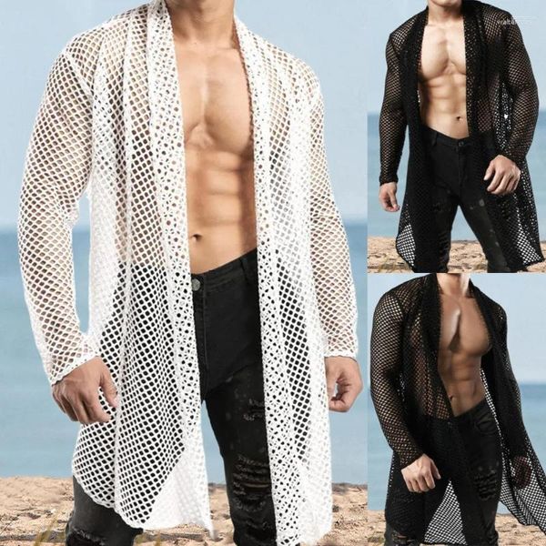 Мужские свитера, мужские сексуальные мужские ажурные вязаные длинные кардиганы, уличная одежда, мужские модные перспективные футболки с длинными рукавами, пляжный отдых