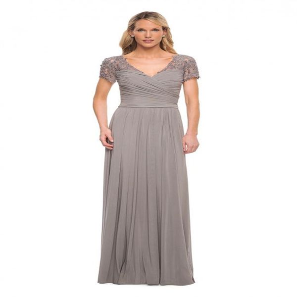 V-Ausschnitt, elegantes, üppiges Kleid für die Brautmutter, Applikation, Spitze, kurze Ärmel, Chiffon, bodenlang, Grau, Mutterkleider in Übergröße für Damen