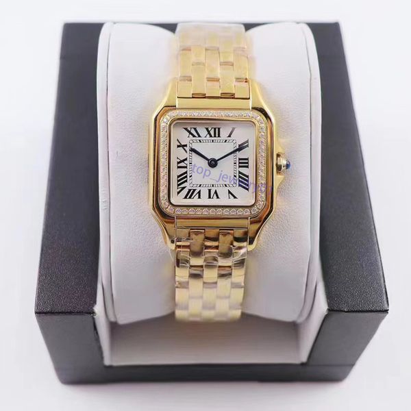 Hochwertige Damen-Designeruhr, modisches Paar, Edelstahl-Quarzuhren, Diamantuhren, Größe 22 mm, 27 mm, wasserdicht, fadeless, Moissanit-Uhren, goldene Uhr