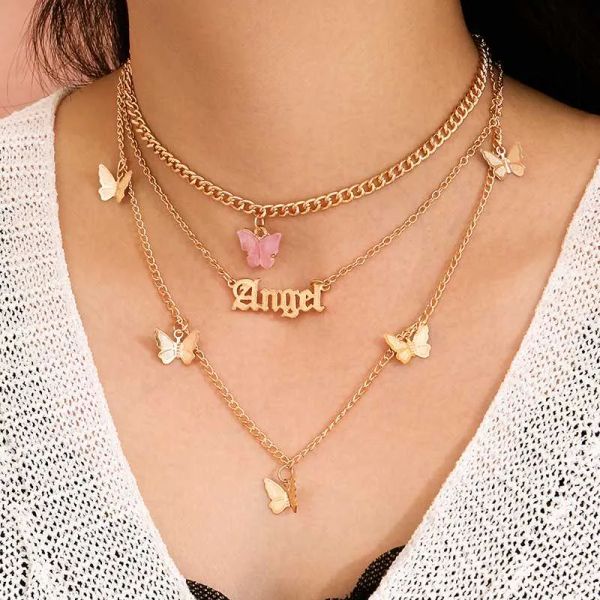 Clássico feminino colares conjunto 3 pçs/set carta anjo rosa animal clavícula corrente colar de ouro dança festa jóias