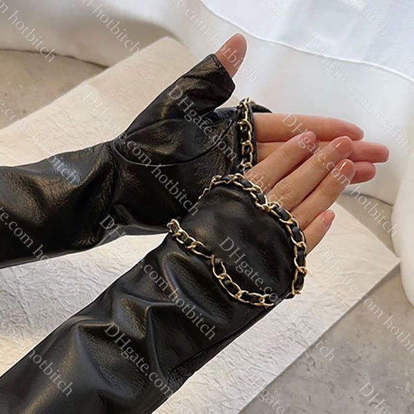 Offene Finger-Langarmhandschuhe, Designer-Damenhandschuhe, klassische Kette, elegante Winter-warme Handschuhe, hochwertiges schwarzes Leder, dicke Handschuhe, Weihnachtsgeschenk