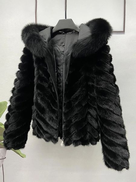 Pele feminina falsa jaqueta de vison real com zíper casaco curto inverno natural com capuz feminino preto roupas quentes 231023