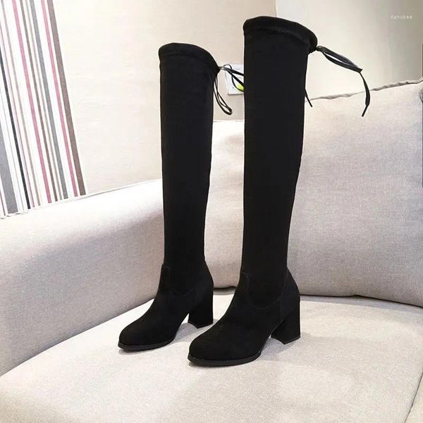 Botas de camurça falsa saltos femininos outono zíper elástico joelho-alto para mulheres tubo lace-up coxa gigh preto botas mujer 2023