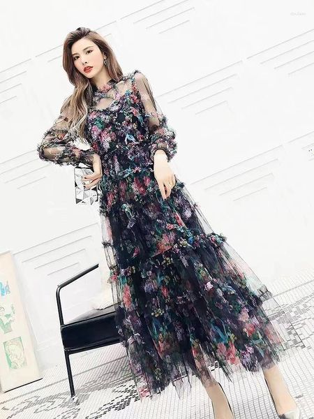 Vestidos casuais mulheres moda outono flowy malha floral impressão midi longo a ling vestido camada babados retalhos boho largo vestidos robe