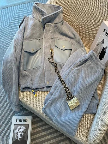 Damen Zweiteilige Hose Grau Sportmode Set für Frauen Herbst 2023 Koreanischer Vintage Stehkragen Reißverschluss Sweatshirt Mantel Freizeitanzug