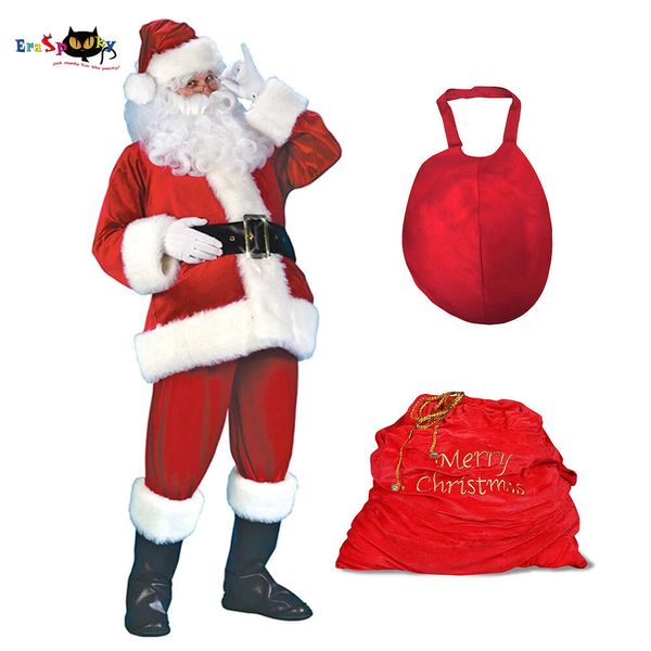 Косплей Eraspooky Plus Размер Делюкс Рождественские наряды Костюм Санта-Клауса для мужчин Взрослый Новогодний Veet Необычные платья Шляпа Живот Подарочная сумкаcosplay