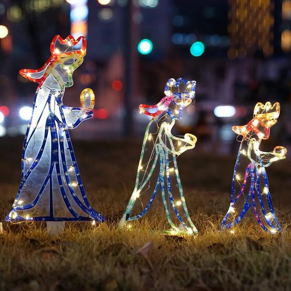 Decorazioni da giardino Natale all'aperto LED Tre 3 Re Silhouette Motivo Corda Decorazione luminosa per giardino Anno Decorazione natalizia Festa 231023