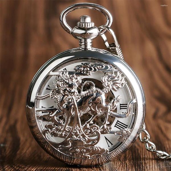 Relógios de bolso prata oco besta de kilin mecânico mão enrolamento relógio numerais romanos steampunk retro corrente pingente relógio presente