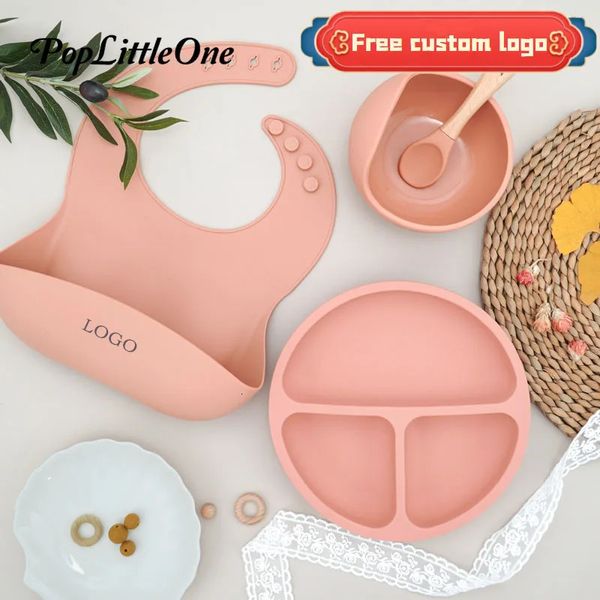 Copos Pratos Utensílios Personalizado Crianças Talheres Kit de Alimentação Soft Silicone Prato de Jantar Sucção Tigela Bib Ajustável 4 PCS Suprimentos para Bebês Presente de Chuveiro de Bebê 231024