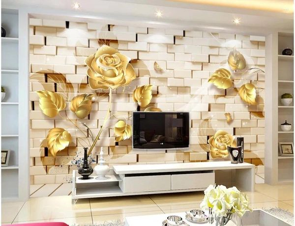 Papéis de parede Murais de parede 3D Papel de parede Relief Gold Rose Janela Mural Decoração Home