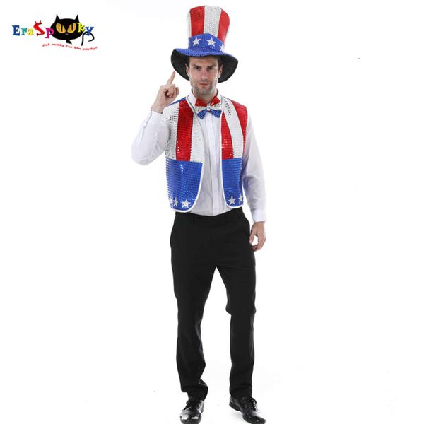 Cosplay Eraspooky 4. Juli Celebrattion Patriotische Party Pailletten Uncle Sam Kostümset für Erwachsene Amerikanische Flagge Weste Hut Bowtiecosplay