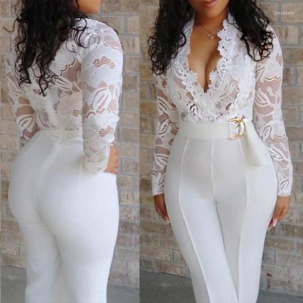 Calças femininas outono macacão mulheres macacão festa renda macacão branco bodysuit manga longa com decote em v y2k elegante primavera outfits escritório