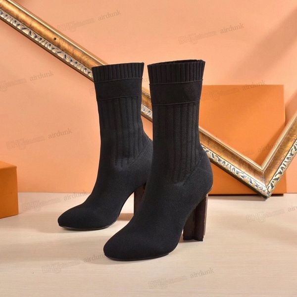 Herbst Winter Socken mit hohen Absätzen Stiefel Mode Sexy Gestrickte elastische Stiefel Designer Alphabetische Frauen Schuhe Dame Brief Dicke High Heels LAA8YV #