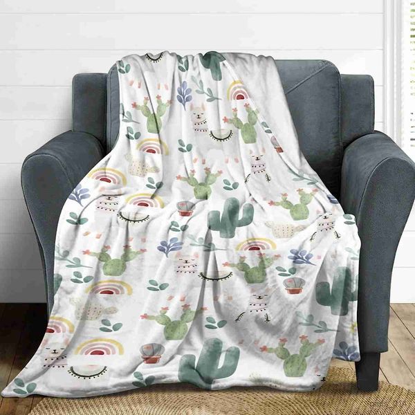 Coperte Lama Cactus Foglie Coperte di flanella per bambini e adulti Animali del deserto Accogliente divano letto Ufficio R231024