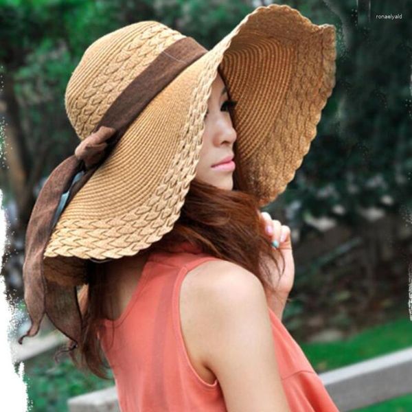 Cappelli a tesa larga Stile Coreano Donna Estate Grande fiocco Solido Grande ripiegabile Floppy Beach Cappello da sole Paglia femminile