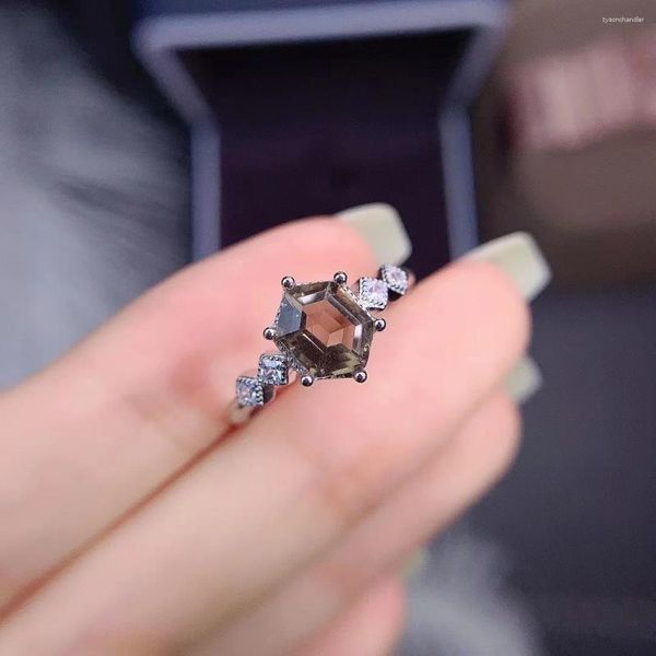 Anéis de cluster vintage anel de quartzo esfumaçado em prata esterlina hexágono 6x6mm natural gemstone feminino