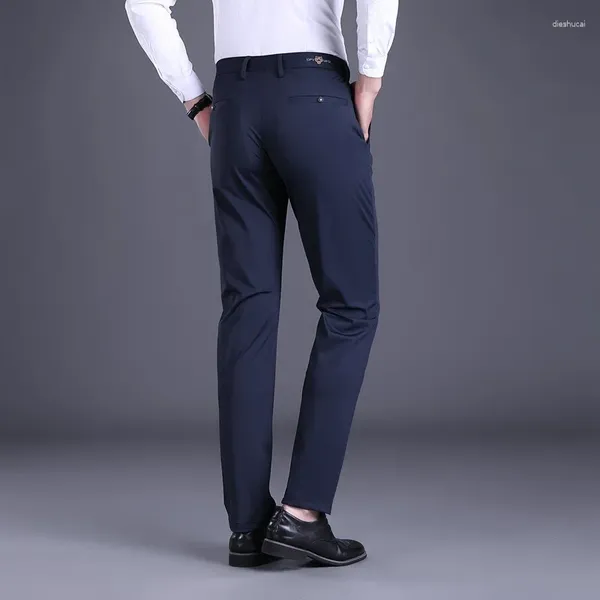 Pantaloni da uomo di fascia alta ricamati in seta di ghiaccio, casual da lavoro, vestibilità slim, lavoro elastico estivo