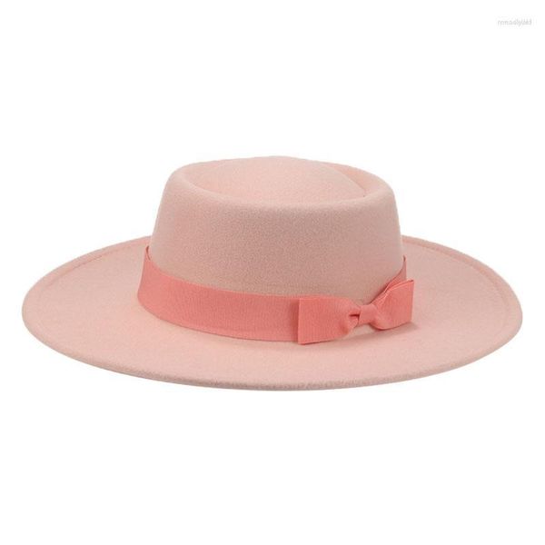 Berets mulheres chapéu fedoras borda larga cúpula redonda fita bowknot felted chapéus formal sólido preto vermelho cowboy 2023 gorras hombre