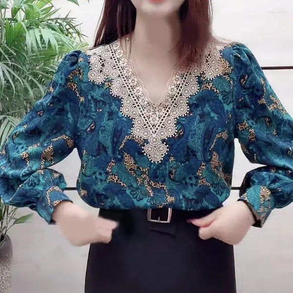 Kadınlar Blouses 2023 Bahar Sonbahar Dantel Patchwork Bluz Vintage Paisley Baskılı Kadın Giysileri Sıradan Uzun Kollu Gider Zarif V-Neck