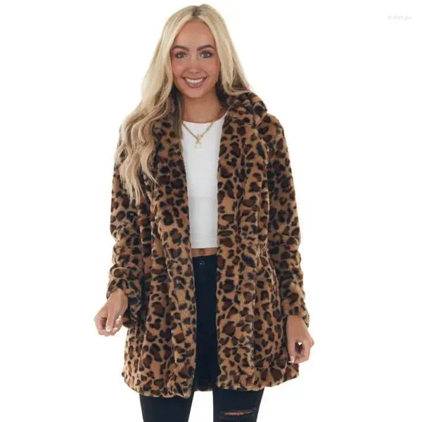 Pele feminina inverno leopardo impressão roupas femininas moda temperamento falso casaco feminino comprimento médio solto lazer all-matching