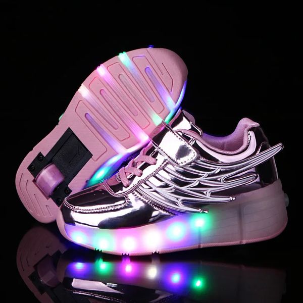 Кроссовки детские со светодиодной подсветкой, роликовые туфли для мальчиков и девочек, светящиеся кроссовки для скейтбординга на колесах, детские роликовые коньки с крыльями, обувь 231023