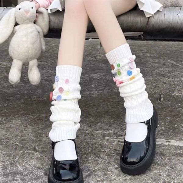 Meias femininas doces japoneses meninas perna mais quente cor sólida empilhável y2k acessórios artesanal botão capa de malha empilhar