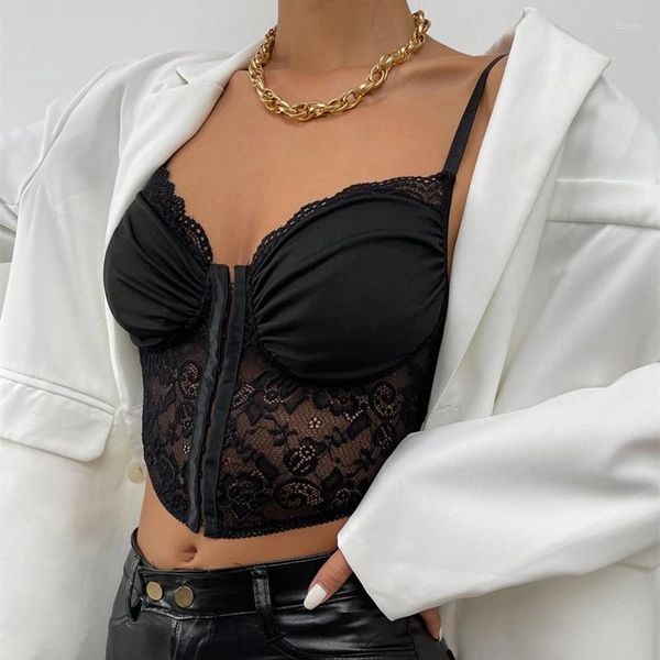Camisoles tanques sexy feminino bodycon colheita topos preto renda hem plissado cortado ver através de roupas para o verão clubwear regata