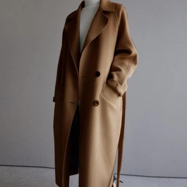 Langer Trenchcoat für Damen, breiter Reversgürtel, Tasche, Wollmischung, Wintermantel, einfarbig, Oversize-Outwear-Mantel