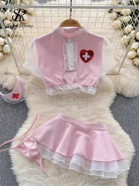 Vestidos de trabalho Singiny Uniforme Cosplay Sexy Ternos Mulheres Mangas Curtas Ruffles Top Mini Saia Thongs Nightwear 2023 Roupa Erótica Porn