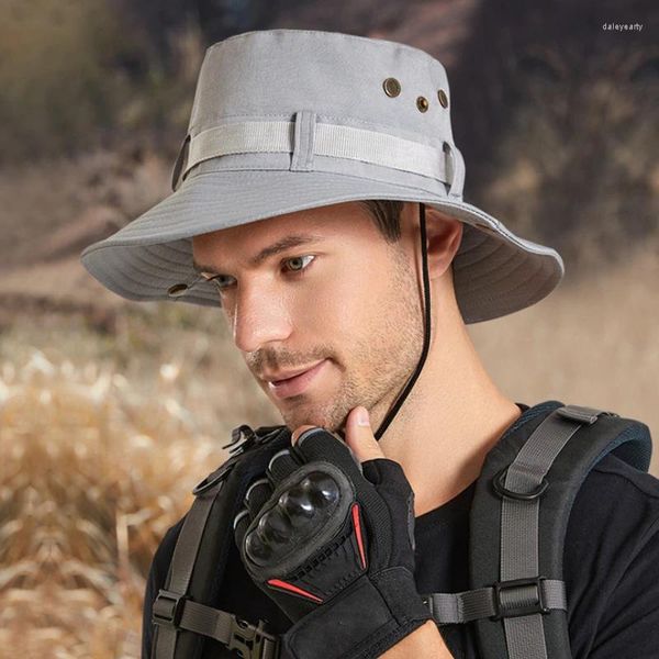 Berets moda masculina balde chapéu com fita circular ventilação de metal respirável ao ar livre caminhadas pesca telhado plano grande borda anti-uv sol