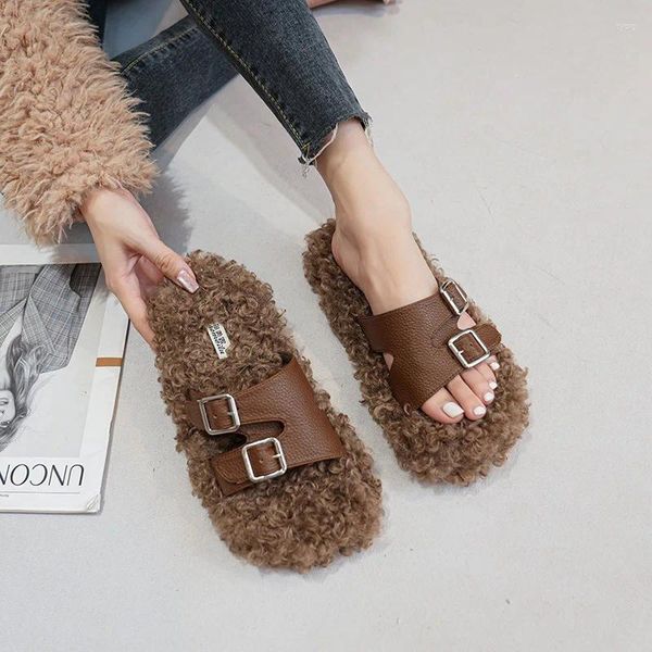 Pantofole Design alla moda Scarpe romane in stile coreano Abiti da lavoro e da festa Appartamenti casual da donna 2023 Peluche da donna invernale all'aperto