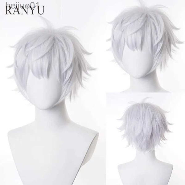 Parrucche sintetiche RANYU parrucca da uomo bianca corta diritta sintetica capelli Anime fibra ad alta temperatura per Cosplay PartyL231024