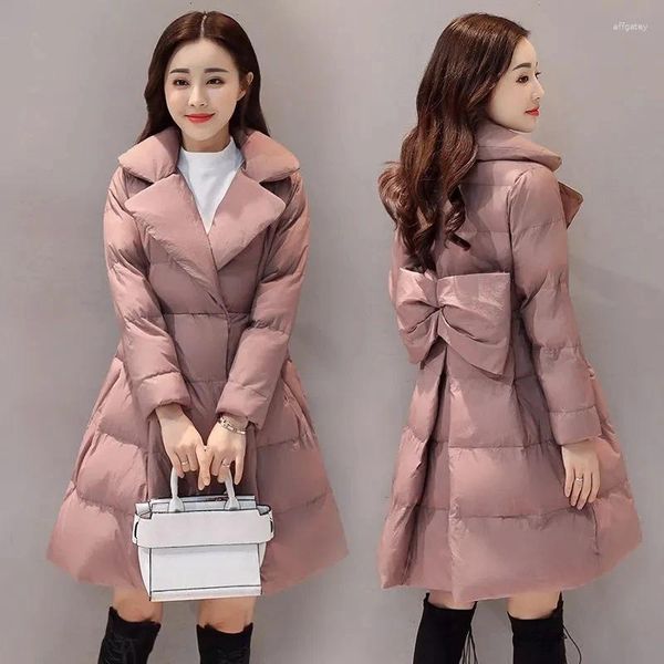 Casacos de trincheira femininos arco saia para baixo algodão-acolchoado jaqueta longa versão coreana 2023 princesa peng casaco de inverno feminino.