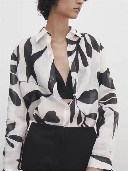 Blusas femininas mulheres ver através da camisa floral impressão casual turn-down colarinho chemise 2023 outono feminino manga longa único breasted blusa