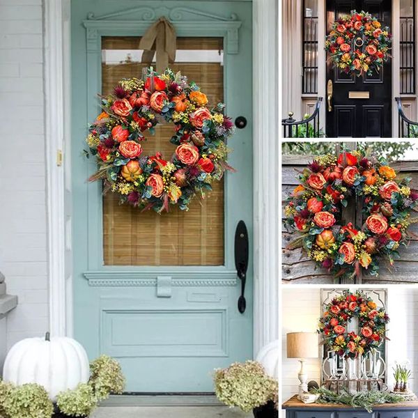 Ghirlande di fiori decorativi Autunno Peonia Zucca Corona Halloween Ringraziamento Corona Autunno Casa Fattoria Porta d'ingresso Decor Ghirlanda All'ingrosso 231023