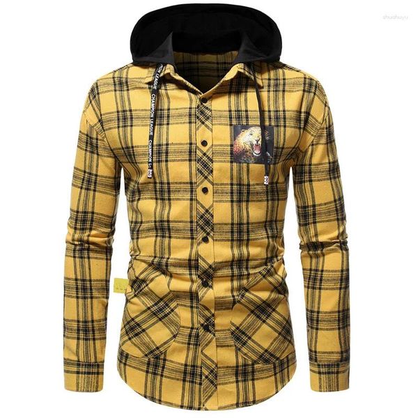 Camicie casual da uomo Camicia a maniche lunghe autunno-primavera da uomo High Street Fashion Hip Hop con cappuccio scozzese