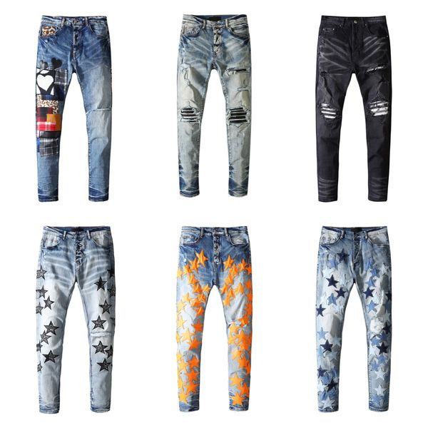 Herren-Designer-Jeans, zerrissen, zerrissen, Biker, Slim-Fit-Biker-Jeans, Herrenmode, schwarze Herrenhose, zu Hause runter – 28–40