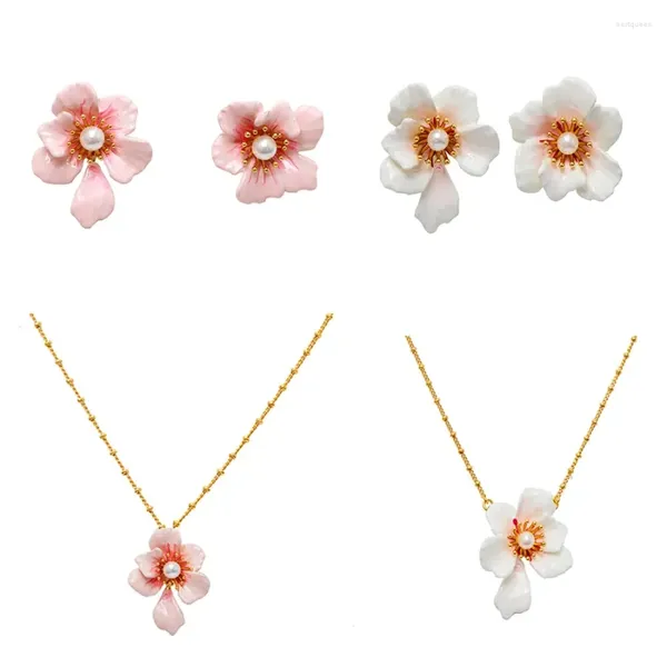 Ohrstecker, süße Emaille-Glasur, Perle, weiße Kirschblüten-Blume, asymmetrisch, große Halskette, Großhandel für Damen, Trend