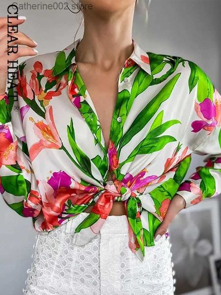 Kadın T-Shirt Kadınlar Sıradan Fllowers Baskı Tam Kollu Gömlek Bayanlar Vintage Turn Yastık 2022 Yaz Moda Tatil Tişörtleri T231024