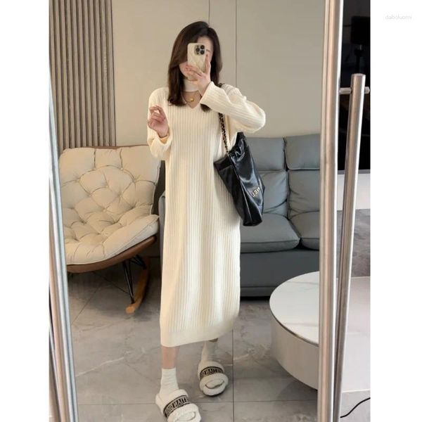 Casual Kleider Hohe Qualität Passenden Mantel Stricken Lange Pullover Kleid Frauen Herbst Und Winter Lose Feste V-ausschnitt Nische Pullover weibliche