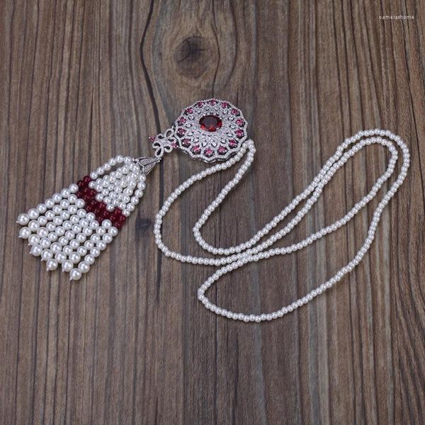 Collane con ciondolo Perle bianche con perline multiple Boho Bohemia Nappa Vino Rosso Blu scuro Collana con catena con ciondoli in cristallo CZ per regalo da donna