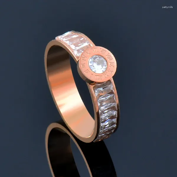 Cluster Anéis Kiozol Moda Quadrado CZ Pedras Numerais Romanos Aço Inoxidável para Mulheres Rosa Cor de Ouro Acessórios de Casamento 693 KO2