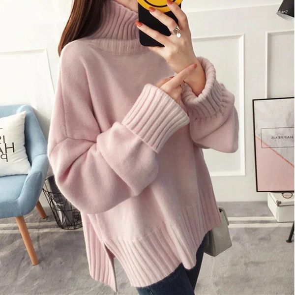 Maglioni da donna autunno collo alto lavorato a maglia maglione diviso pullover versione allentata femminile spesse calde maniche lunghe top vestiti rossi