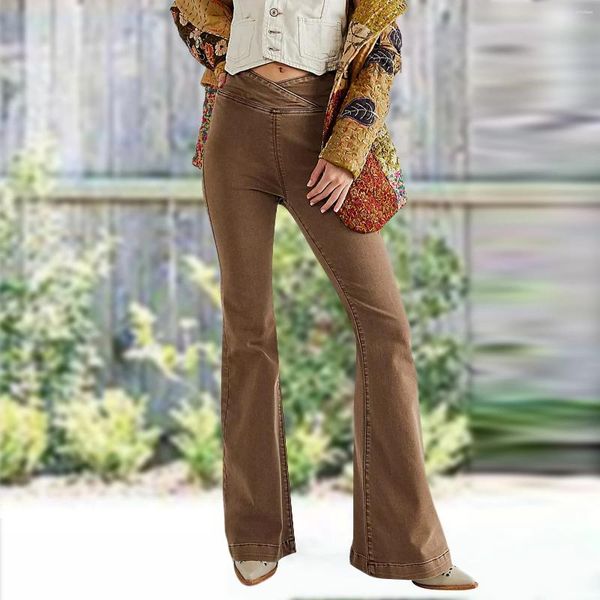 Kadınlar kot pantolon kapanma düz renkli kadın kot pantolon parlama pantolonlar ince uygun yüksek bel gündelik vintage günlük kıyafet