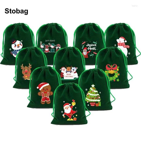 Envoltório de presentes StoBag 5 pcs Feliz Natal Sacos de Veludo Pequeno Cordão Doces Embalagem Armazenamento Criança Crianças Bolso Bolsas Favores de Festa