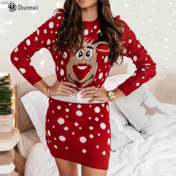 Damenpullover Strickwaren Minikleid Frauen Langarm Elch Jacquard Strickpullover Kleid Weihnachtsstil Slim Fit Rundhalsausschnitt Sexy AlltagsoutfitL231024